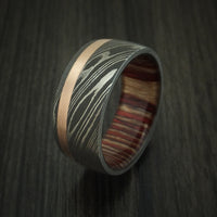 Damascus Steel Band with 14k Rose Gold and English Oak Wood Sleeve Custom Made