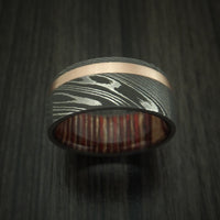 Damascus Steel Band with 14k Rose Gold and English Oak Wood Sleeve Custom Made