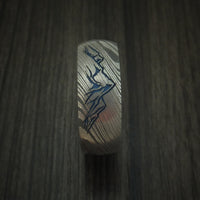 Damascus Steel Ring with Mountain Range and Anodized Titanium Interior Sleeve Custom Made