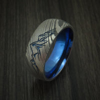 Damascus Steel Ring with Mountain Range and Anodized Titanium Interior Sleeve Custom Made