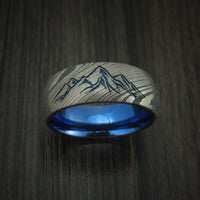 Damascus Steel Ring with Mountain Range and Anodized Titanium Interior Sleeve Custom Made