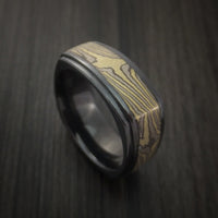 Black Zirconium Square Band with Yellow Gold and Silver Mokume Shakudo Custom Made