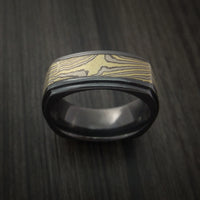 Black Zirconium Square Band with Yellow Gold and Silver Mokume Shakudo Custom Made