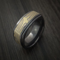 Black Zirconium Square Band with Yellow Gold and Silver Mokume Shakudo Custom Made