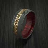 Damascus Steel Celtic Ring with 14K Yellow Gold Inlay and Hardwood Sleeve Custom Made Band