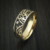 14K Yellow Gold Ring with Tree Branches and Diamond Custom Made Band