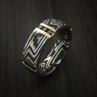 Damascus Steel Zebra Pattern Ring with 14K Gold and Black Diamonds Custom Made Band