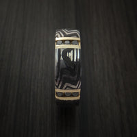 Damascus Steel Zebra Pattern Ring with 14K Gold and Black Diamonds Custom Made Band