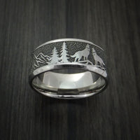 Titanium Ring with Wolf and Mountain Pattern Hunter Band Custom Made