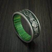 Damascus Steel Celtic Irish Claddagh Cerakote Ring with Hardwood Sleeve Custom Made