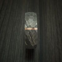 Damascus Steel Ring with Rock Hammer Finish and Vertical 14k Rose Gold Inlay and Wood Sleeve Custom Made Band