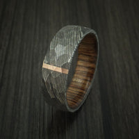 Damascus Steel Ring with Rock Hammer Finish and Vertical 14k Rose Gold Inlay and Wood Sleeve Custom Made Band