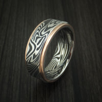 Sunset Kuro Damascus Steel Ring with 14K Rose Gold Edges Custom Made Band