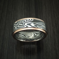 Sunset Kuro Damascus Steel Ring with 14K Rose Gold Edges Custom Made Band
