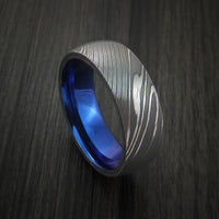 Damascus Steel Ring with Anodized Titanium Interior Sleeve Custom Made