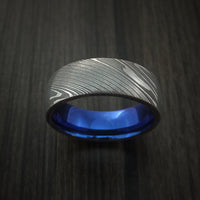 Damascus Steel Ring with Anodized Titanium Interior Sleeve Custom Made
