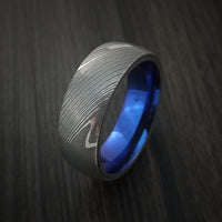 Damascus Steel Ring with Anodized Titanium Interior Sleeve Custom Made