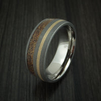 Titanium and Tan Dinosaur Bone Ring with 14K Yellow Gold Custom Made Fossil Band