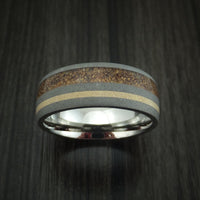 Titanium and Tan Dinosaur Bone Ring with 14K Yellow Gold Custom Made Fossil Band