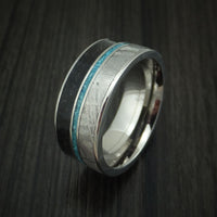 Titanium Black Dinosaur Bone and Gibeon Meteorite Ring with Turquoise Inlay Custom Made Fossil Band