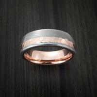 Damascus Steel Ring with 14K Rose Gold Hammered Inlay and Gold Sleeve Custom Made Band