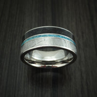 Titanium Black Dinosaur Bone and Gibeon Meteorite Ring with Turquoise Inlay Custom Made Fossil Band