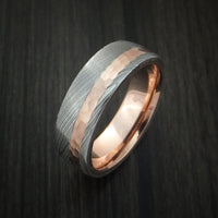 Damascus Steel Ring with 14K Rose Gold Hammered Inlay and Gold Sleeve Custom Made Band