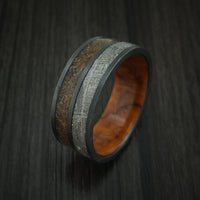 Black Zirconium Tan Dinosaur Bone and Gibeon Meteorite Ring with Desert Ironwood Burl Wood Sleeve Custom Made Fossil Band