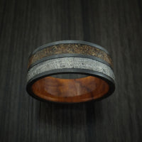 Black Zirconium Tan Dinosaur Bone and Gibeon Meteorite Ring with Desert Ironwood Burl Wood Sleeve Custom Made Fossil Band