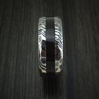 Kuro Damascus Steel and Black Dinosaur Bone Rock Hammered Ring Custom Made Fossil Band