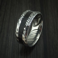 Kuro Damascus Steel and Black Dinosaur Bone Rock Hammered Ring Custom Made Fossil Band