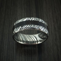 Kuro Damascus Steel and Black Dinosaur Bone Rock Hammered Ring Custom Made Fossil Band