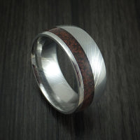 Damascus Steel and Red Dinosaur Bone Ring Custom Made Fossil Band