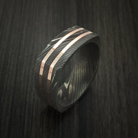 Squared Damascus Steel Ring with 14k Rose Gold Inlays Custom Made Band