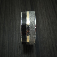 Kuro Damascus Steel Black Dinosaur Bone and Gibeon Meteorite Ring with Kauri Wood Sleeve and 14K Yellow Gold Inlay Custom Made Fossil Band