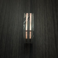 Squared Damascus Steel Ring with 14k Rose Gold Inlays Custom Made Band