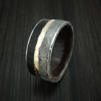 Kuro Damascus Steel Black Dinosaur Bone and Gibeon Meteorite Ring with Kauri Wood Sleeve and 14K Yellow Gold Inlay Custom Made Fossil Band