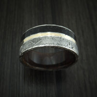 Kuro Damascus Steel Black Dinosaur Bone and Gibeon Meteorite Ring with Kauri Wood Sleeve and 14K Yellow Gold Inlay Custom Made Fossil Band