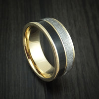 14K Yellow Gold Black Dinosaur Bone and Gibeon Meteorite Ring Custom Made Fossil Band
