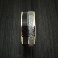 14K Yellow Gold Black Dinosaur Bone and Gibeon Meteorite Ring Custom Made Fossil Band