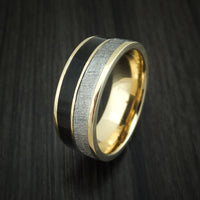 14K Yellow Gold Black Dinosaur Bone and Gibeon Meteorite Ring Custom Made Fossil Band