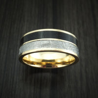 14K Yellow Gold Black Dinosaur Bone and Gibeon Meteorite Ring Custom Made Fossil Band