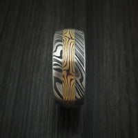 Kuro Damascus Steel and Yellow Gold Mokume Shakudo Gane Inlay Custom Made Band