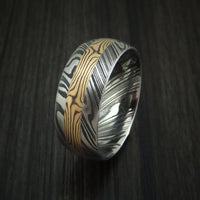 Kuro Damascus Steel and Yellow Gold Mokume Shakudo Gane Inlay Custom Made Band