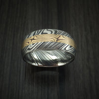 Kuro Damascus Steel and Yellow Gold Mokume Shakudo Gane Inlay Custom Made Band