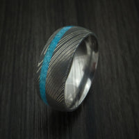 Damascus Steel Ring with Turquoise Inlay Custom Made Band