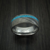 Damascus Steel Ring with Turquoise Inlay Custom Made Band