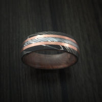 Damascus Steel Ring with Copper Inlays and Kauri Hard Wood Sleeve