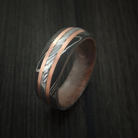 Damascus Steel Ring with Copper Inlays and Kauri Hard Wood Sleeve