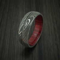 Damascus Steel Guitar String Ring with Red Heart Wood Sleeve Custom Made Band